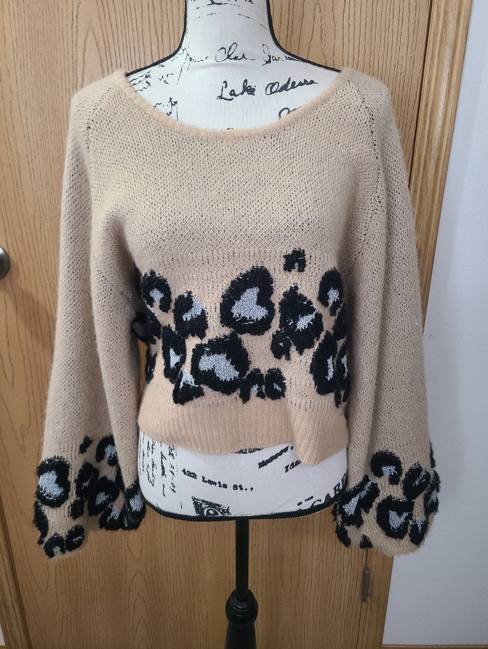 Adora Leopard Print Bishop Sleeve Metallic Thread Oversized Sweater